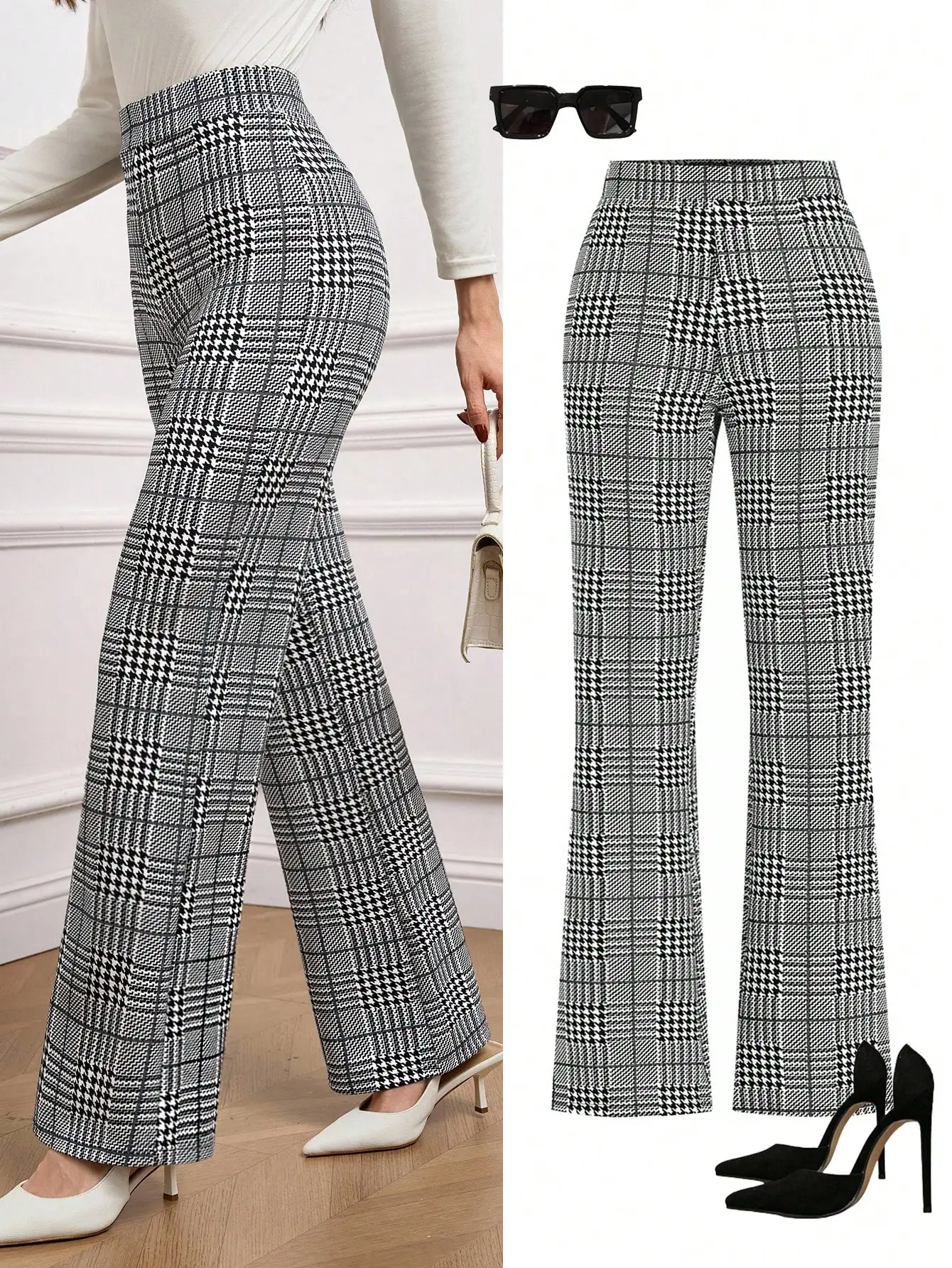 

Women's Plaid Printed Elastic Knitted Flare Pants For Office Casual Wear