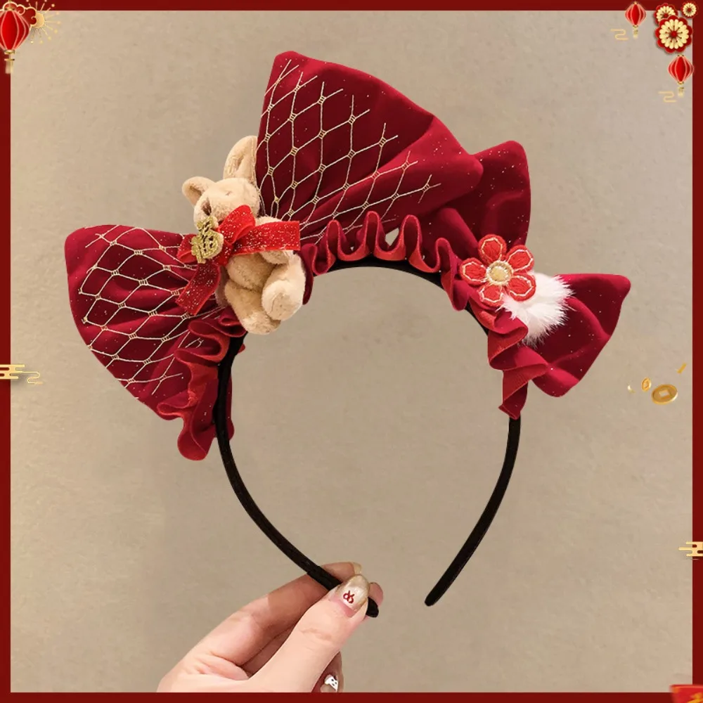 

Cute Cartoon New Year Headband Pony Little Bear Red Velvet Bow Hairband Red Hair Hoop Party Decoration