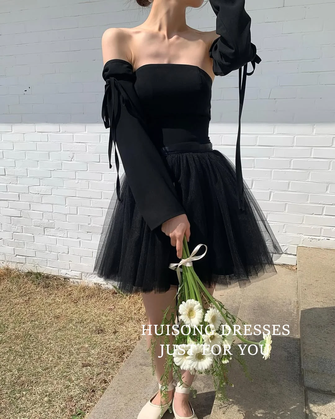 فستان زفاف كوري قصير أسود مخصص من HUISONG بأكمام طويلة فساتين زفاف صغيرة فستان زفاف للتصوير الفوتوغرافي #4