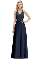 A Line Lace Chiffon Evening Dresses Women Elegant Halter Pearls  Backless Formal Party Prom Gowns Robe De Soiree Formal Dresses