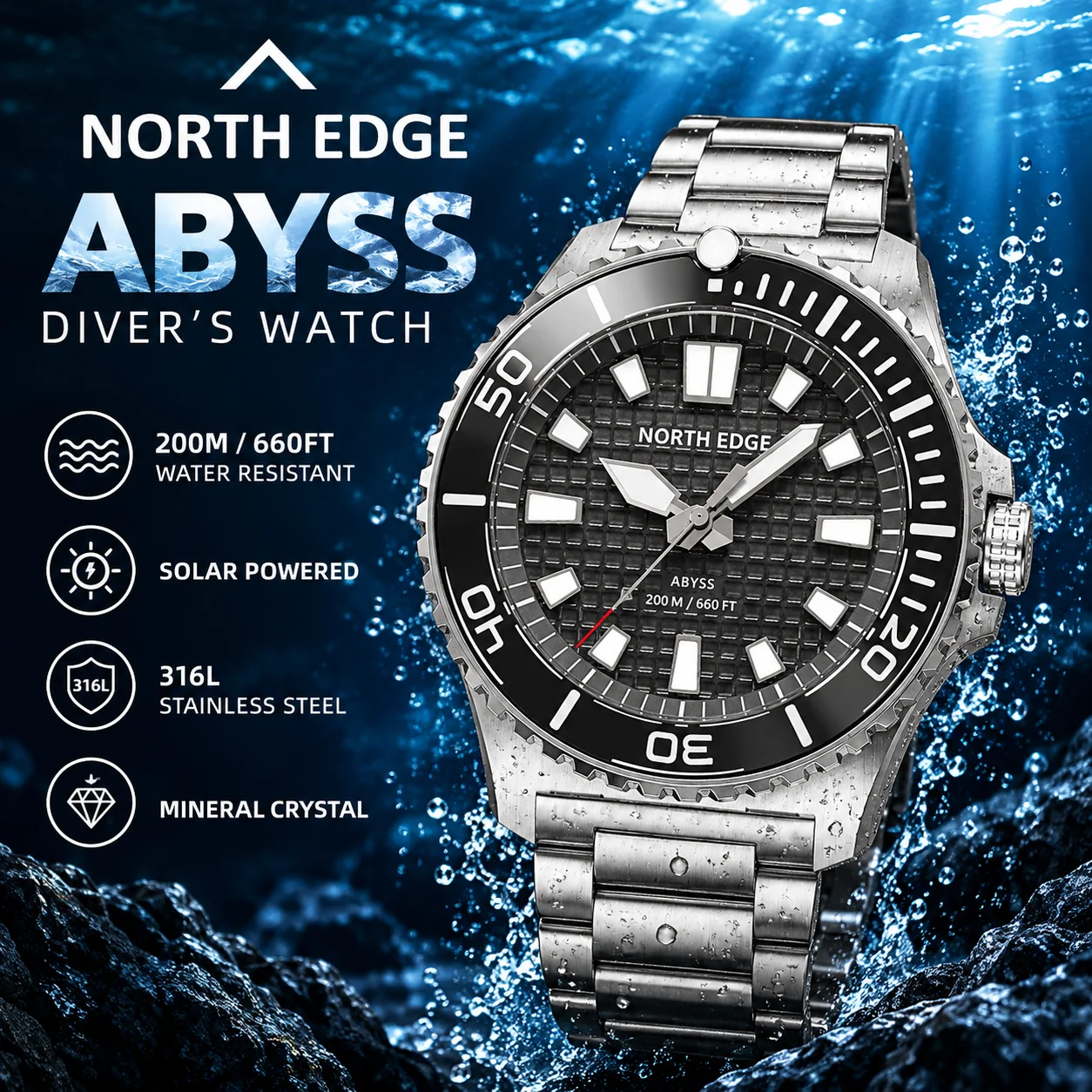 NORTH EDGE 2026 NEW ABYSS Solar Powered Dive Quartz Luxury Watch 200M Waterproof Dive Sports Watches 316L Steel 180+ Day Power