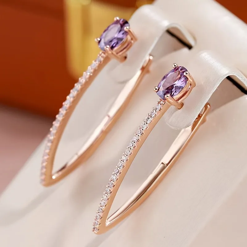 Elegant V-shaped Earrings Rose Gold Small Transparent Earring Rectangular Purple Color Pendant Earrings Suitable Wedding Parties