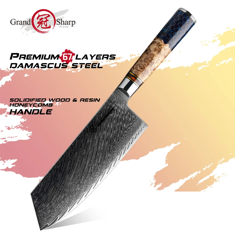 Grandsharp 7.5 Inch  Damascus Cleaver Knife AUS-10 Japanese Stainless Steel Vegetables Chopper Fish Meat Slicing Cooking Knives