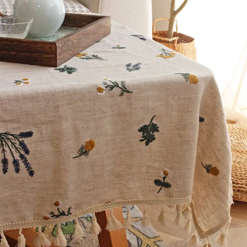 Cotton Line Embroidery Tablecloth, Lavender Tassels Dust-Proof Table Cover,For Dinning Party Wedding Decor