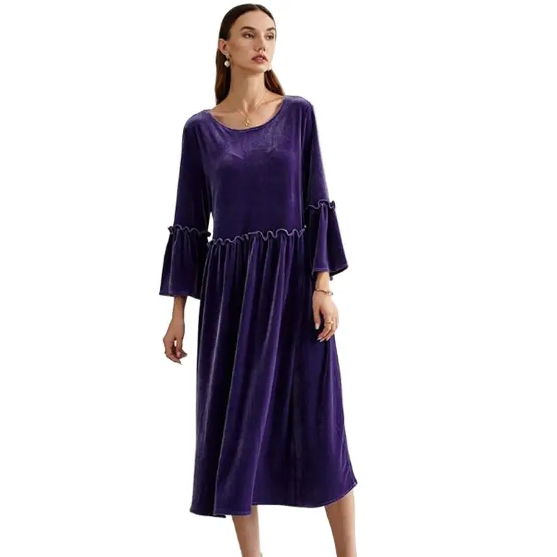 Ucrania mujeres Vintage plisado Vestido de terciopelo con volantes 2025 primavera otoño cuello redondo manga de mariposa Vestido de fiesta largo Vestido elegante