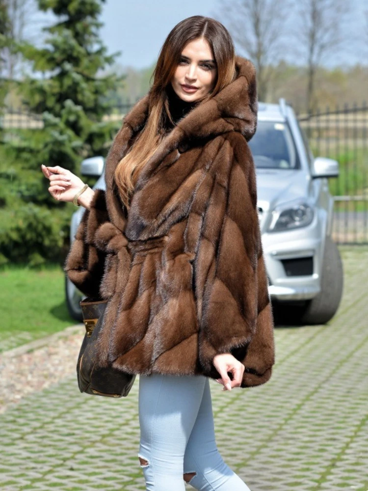 Hooded V-neck Short Faux Fur Coat Belted Furry Faux Mink Jackets Fluffy Stylish Batwing Sleeves Plush Coat Warm Overcoats Luxury