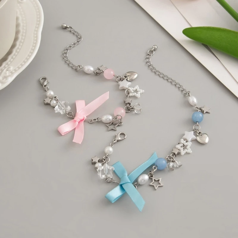 652F Bowknot Tassels Bracelet with Faux Pearls Accent Fashionable Bowknot Tassels Bracelet for Girls Showcasing Gracefulness