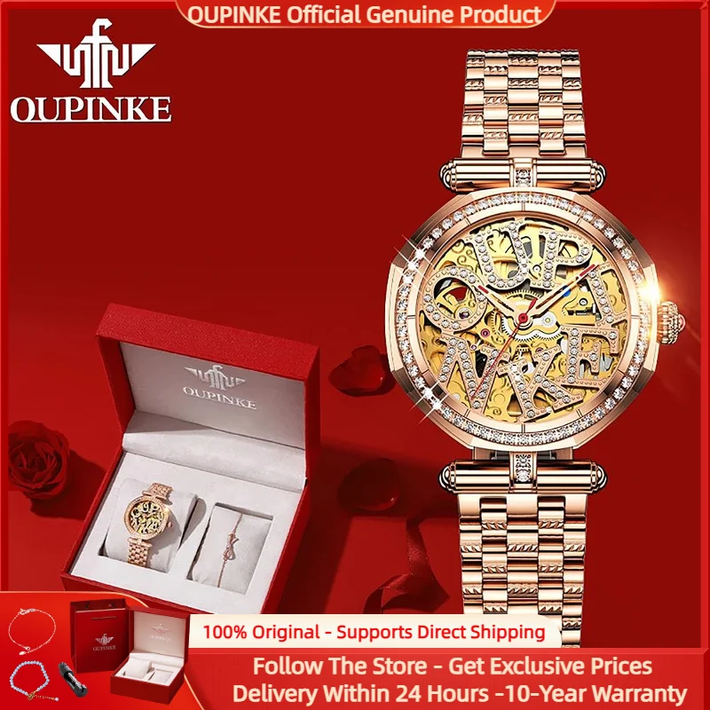 OUPINKE 3175 Luxury Waterproof Women Watch HD Elegant Diamond Watch Original Hollow out Fully Automatic Mechanical Women Watch