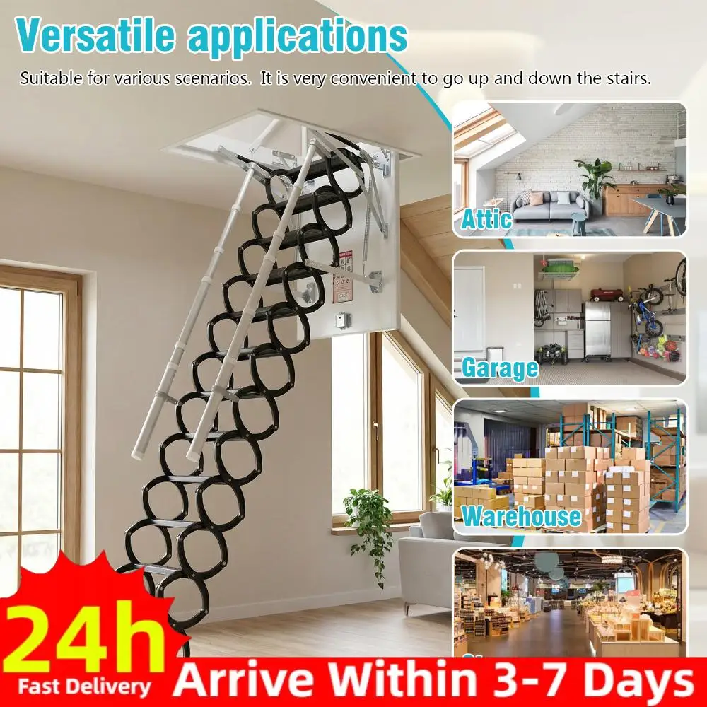 

12 Steps Folding Loft Ladders with Handrails Space-Saving Collapsible Stair 660LBS Capacity Height Adjustable for Rough Opening