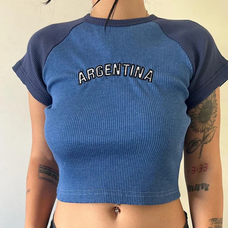 Argentina Embroidery Women's Summer Short Sleeve Sexy Streak T-shirt Harajuku Crop Top Knitted Rib Casual Retro Clothes Slim Y2k