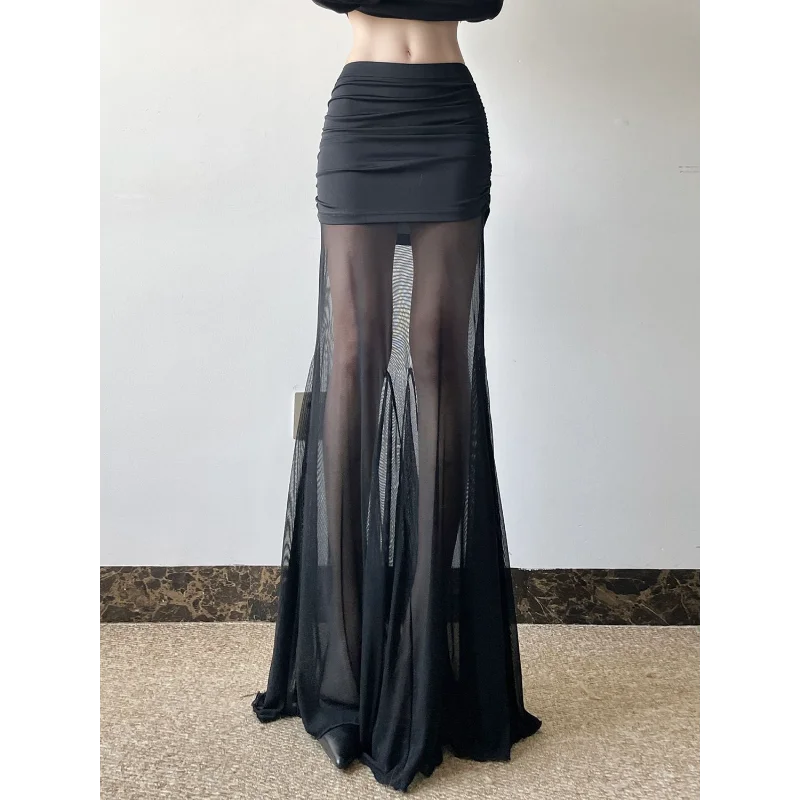 Temperamento Color sólido malla empalme falda plisada cadera-abrazo Slim Fit Hot Girl