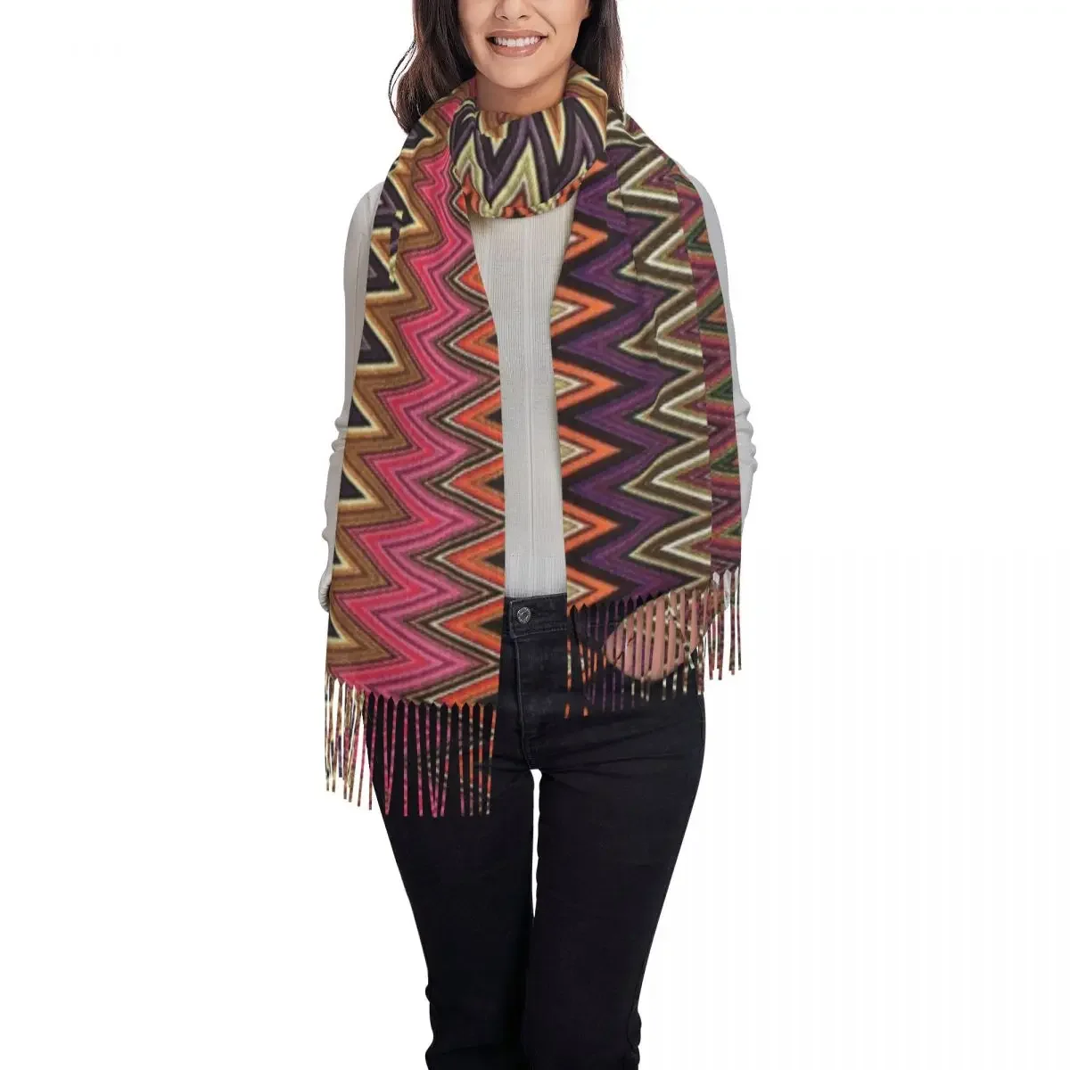 Home Zigzag Multicolor Scarf Wrap Women Long Winter Warm Tassel Shawl Unisex Boho Camouflage Scarves