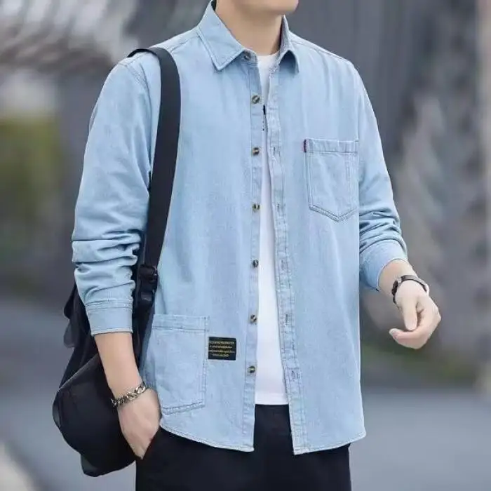 

High-End Casual Loose Fit Long Sleeve Men's Denim Work Shirt Spring Autumn Style Trendy Top Polyester Fiber Youth Popular