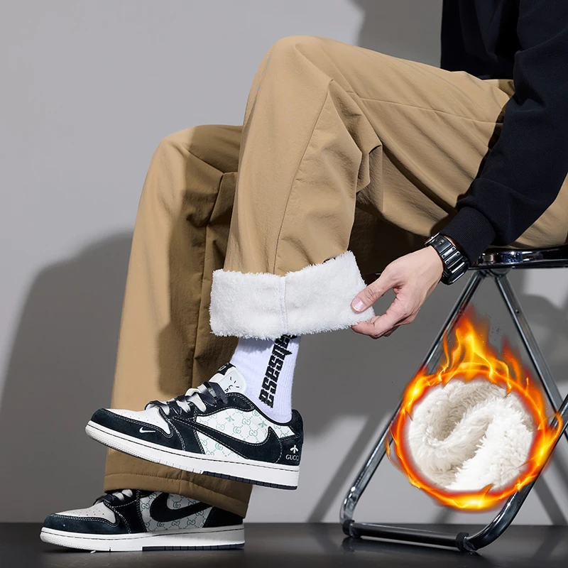 

Winter Fleece Men's Casual Pants Straight Loose Fashion Wide Velvet Trousers Comfortable Drawstring Solid Color Plush Sweatpants