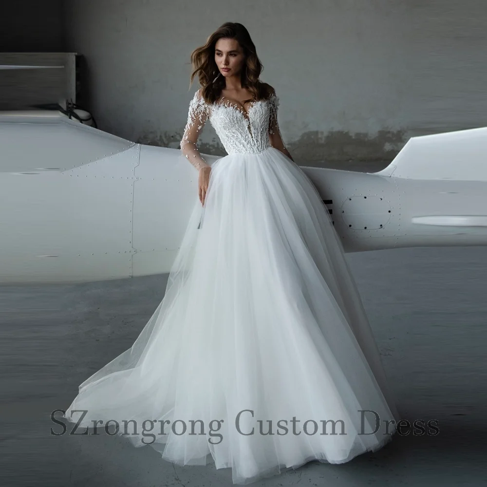 

Illusion Neck Tulle Sequins Boho Wedding Dress Button Back Lace Bridal Party Dress with Sweep Train Custom Made Vestidos De