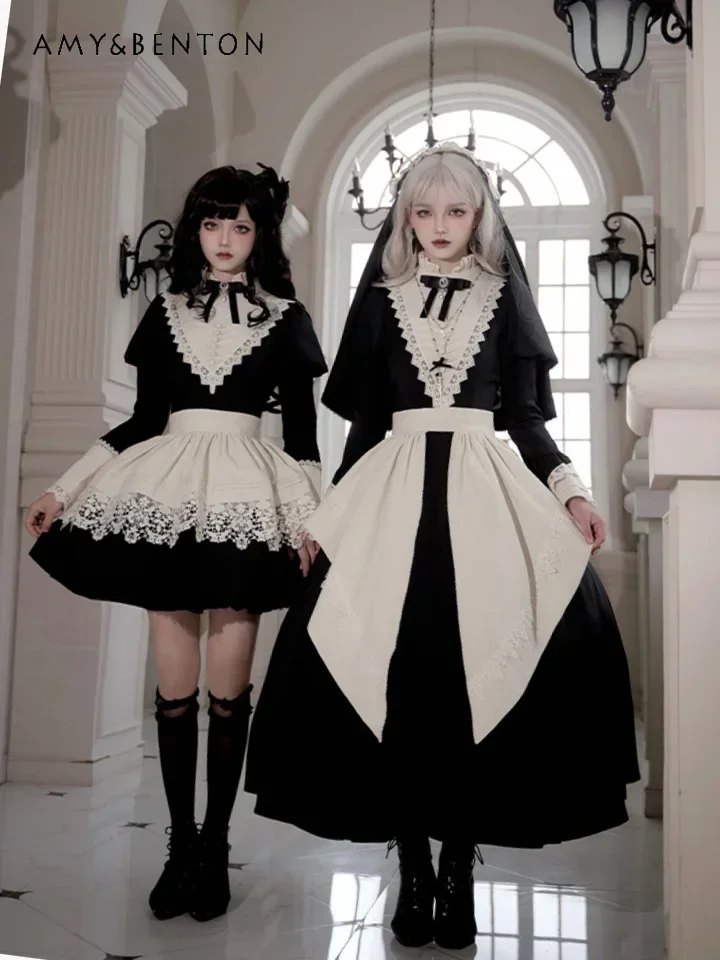 Gothic Nun Cosplay Lolita Dress Sets Japanese Subculture Splicing Color OP Long Sleeve Dress Irregular Apron Full Outfits