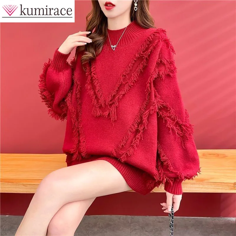 

Red Sweater Women's Semi High Neck Autumn/winter 2024 New Knitted Base Tassel High-end Loose Fit Women's Sweater Korean Fashion