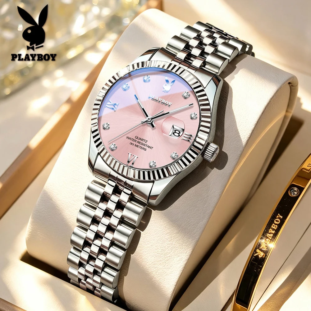 PLAYBOY 3558 Elegance Women Quartz Movement Watch Single Calendar Window Stainless Steel Strap 30m Waterproof Luminous Watch