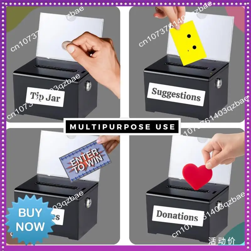 Caixa de doação de ltem quente com fechadura-caixa de sugestão de acrílico com slot, caixa de bloqueio de cédula com suporte de sinal para rifa, votação