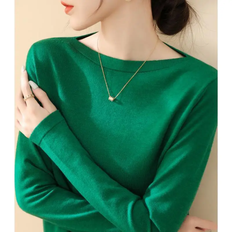 French Simple One-line Shoulder Collar Green Base Shirt 2023 Autumn/winter Sweater Long Sleeve Soft Knit Top