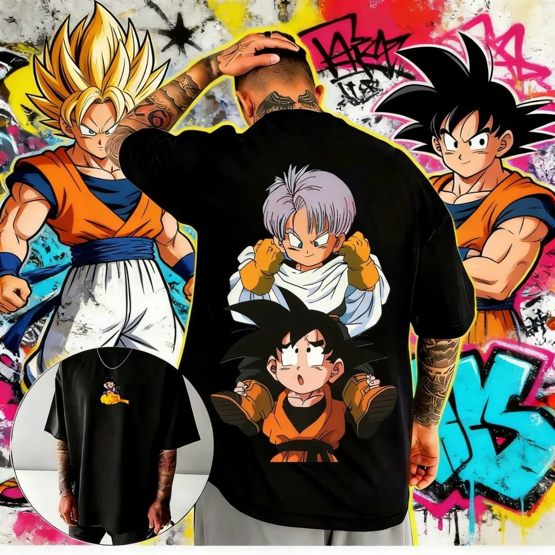 Herren Oversize T-Shirt Anime Dragon Ball Saiyan Goku Vegeta Print Kurzarm-Oberteil Streetwear Hip Hop Tee Familien-Matching-Outfit