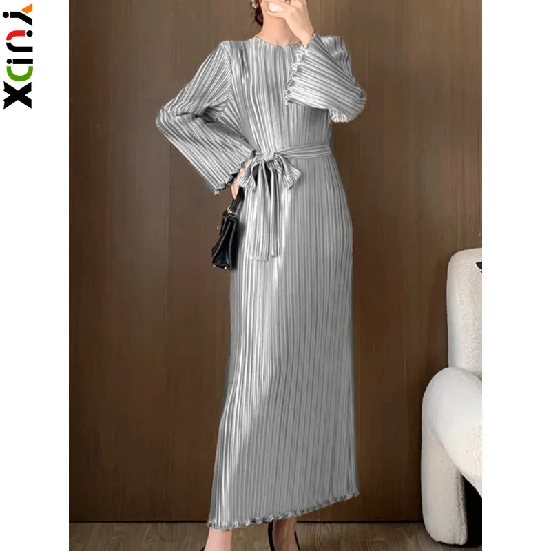 

YUDX Miyake Spring Pleated Long Dress Women Elegant Flare Sleeves Belt Gathered Waist Solid Color Dresses Fashion Party New