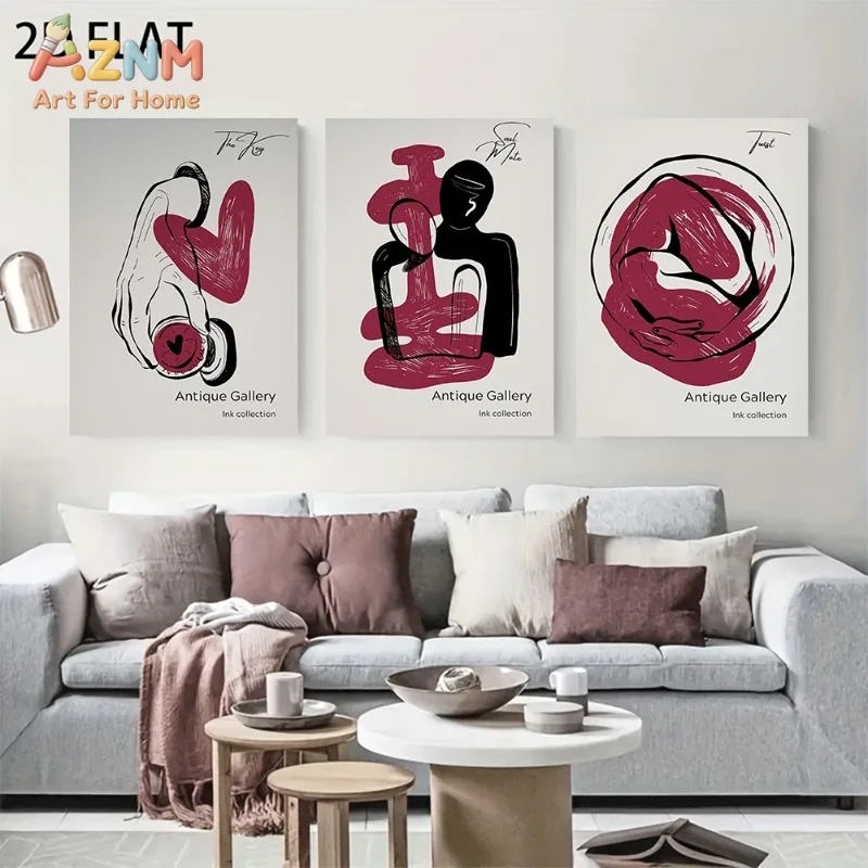 Unframed 3PCS Burgundy Black Abstract Figure Canvas Wall Art Minimalist Line Antique Gallery Ink Print Poster Home Living Room D