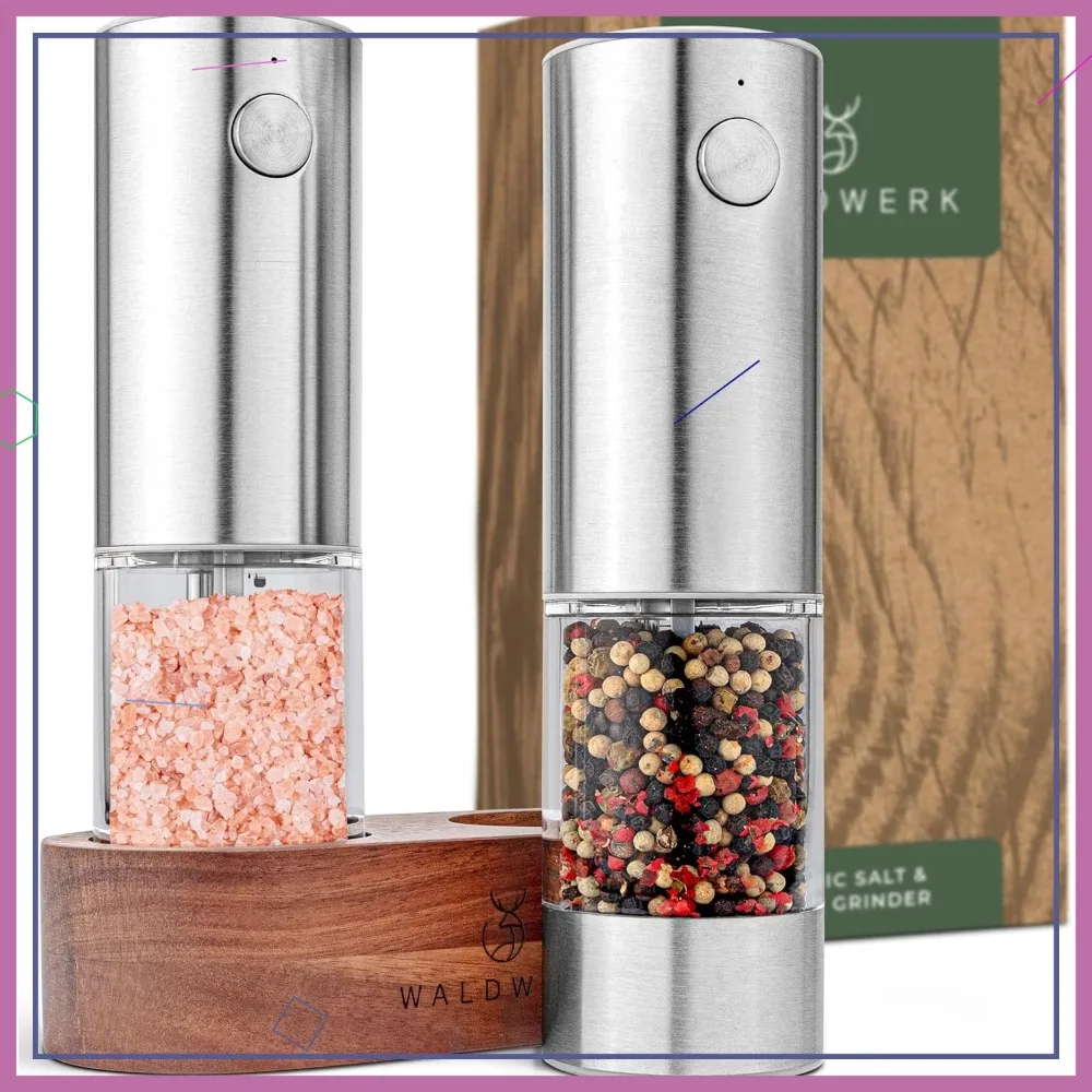 مجموعة مطحنة الملح والفلفل الكهربائية القابلة لإعادة الشحن مع حامل خشب السنط - بطارية 300 مللي أمبير في الساعة، شحن USB-C #1
