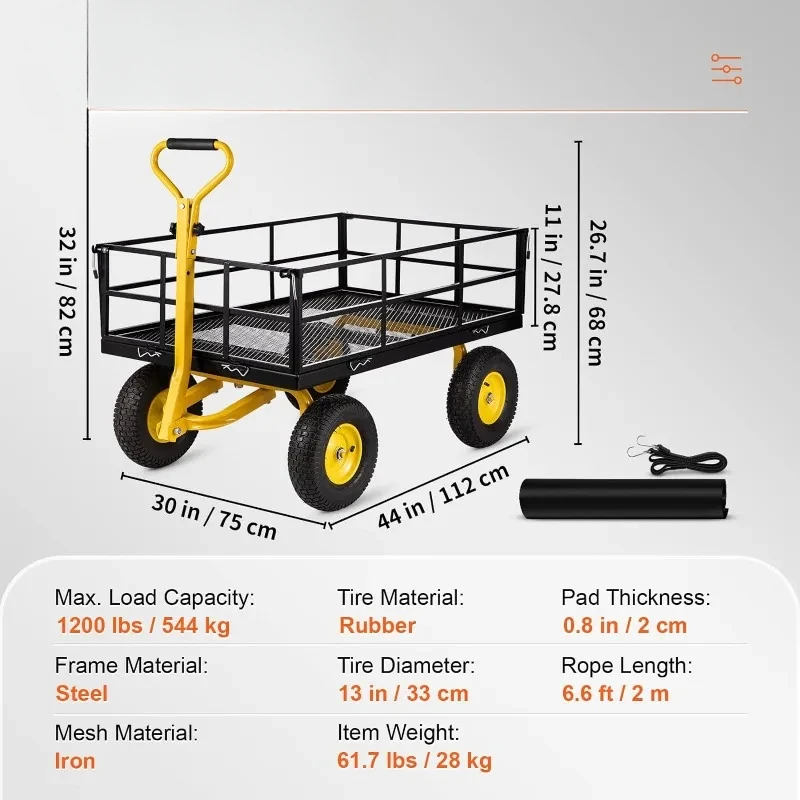 Steel Garden Cart, Heavy Duty 500/900/1200/1400 Lbs Capacity, with Removable Mesh Sides To Convert Into Flatbed