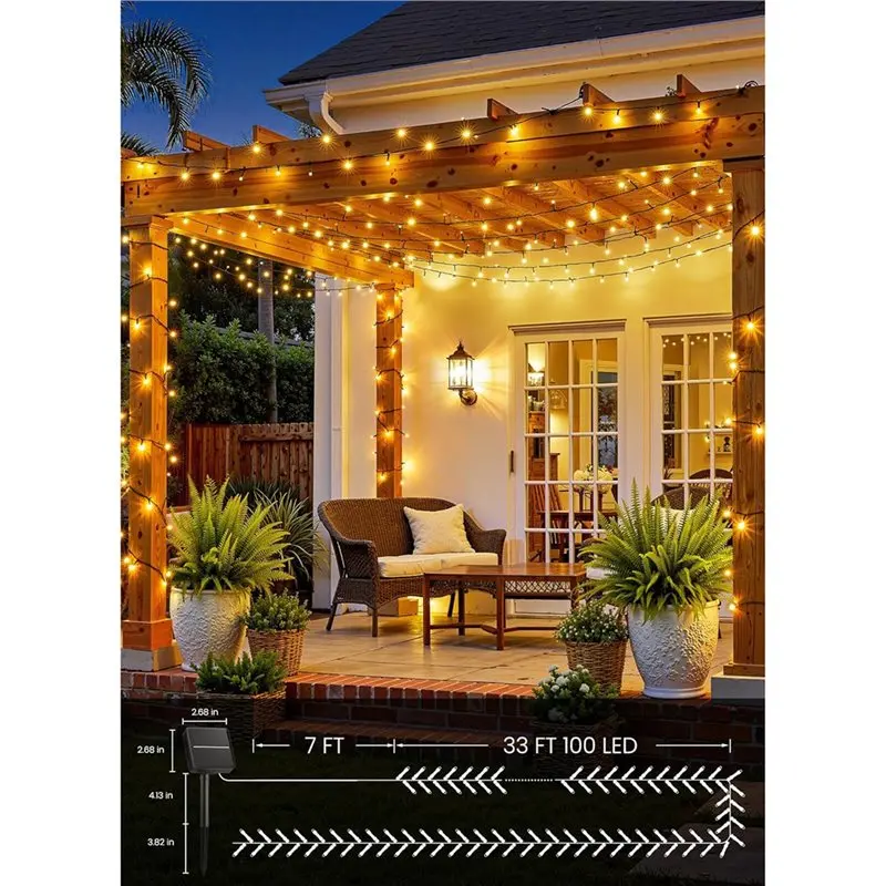 FAST-Solar Powered String Lights 200 Leds Outdoor Waterproof, 2 Pack With 8 Lighting Modes,Auto On/Off(Warm White)