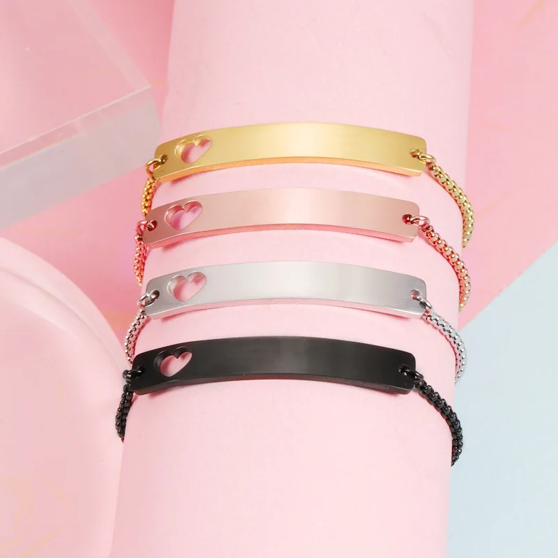 

2pcs/lot Stainless Steel Mirror Polish Hollow Heart Bending Bar Bracelets Bangle Women Men Fashion Jewelry Making Adjustable
