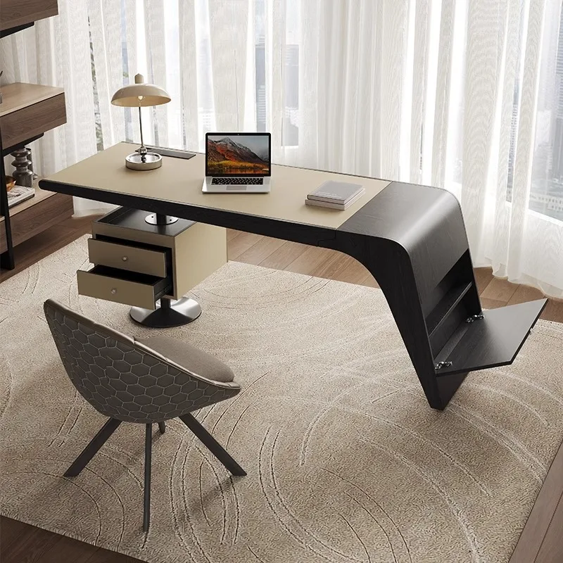 Italian Minimalist Office Desk Computer Desk Modern Light Luxury High-end Solid Wood Saddle Leather Writing Desk