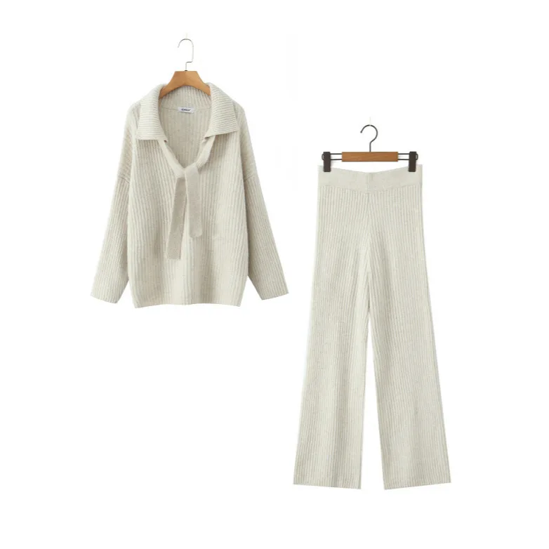 Women's Fashion Casual Relaxed Sweater with Turn-down Collar and Tie Detail Knit Set   I1SX
