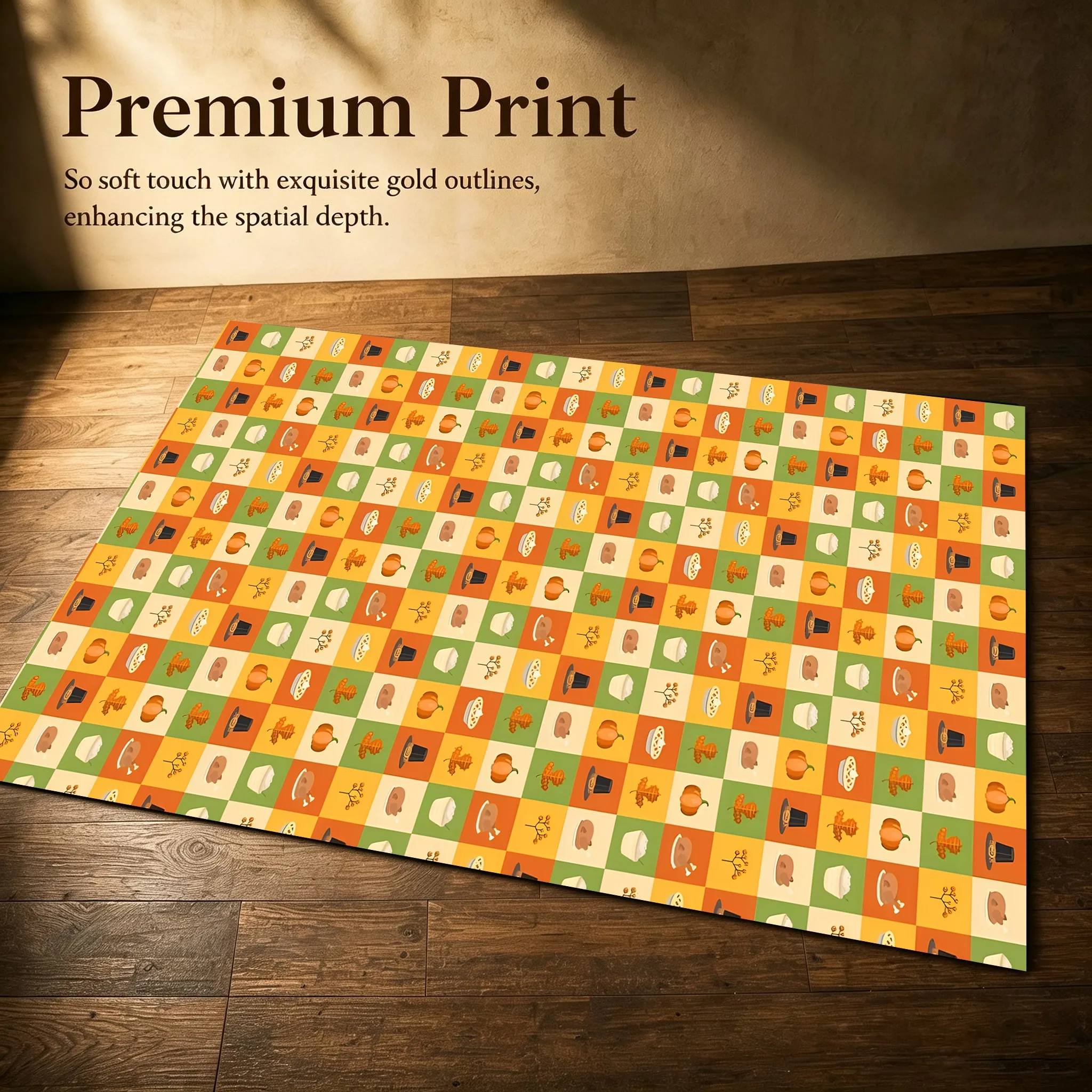 Warm Orange, Yellow and Green Plaid Pumpkin Maple Leaf American Thanksgiving Velvet Rug for Living Room, Bedroom and Bedside