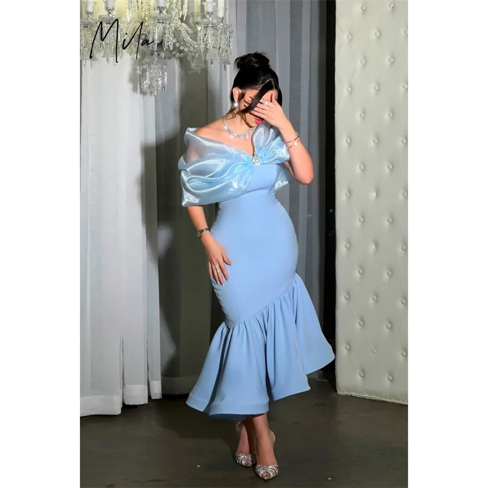 

Mila Sky Blue V-Neck Customized Party Dresses Chic Mermaid Short Sleeve Prom Dresses 2025 Elegant Tra-length Evening Dresses