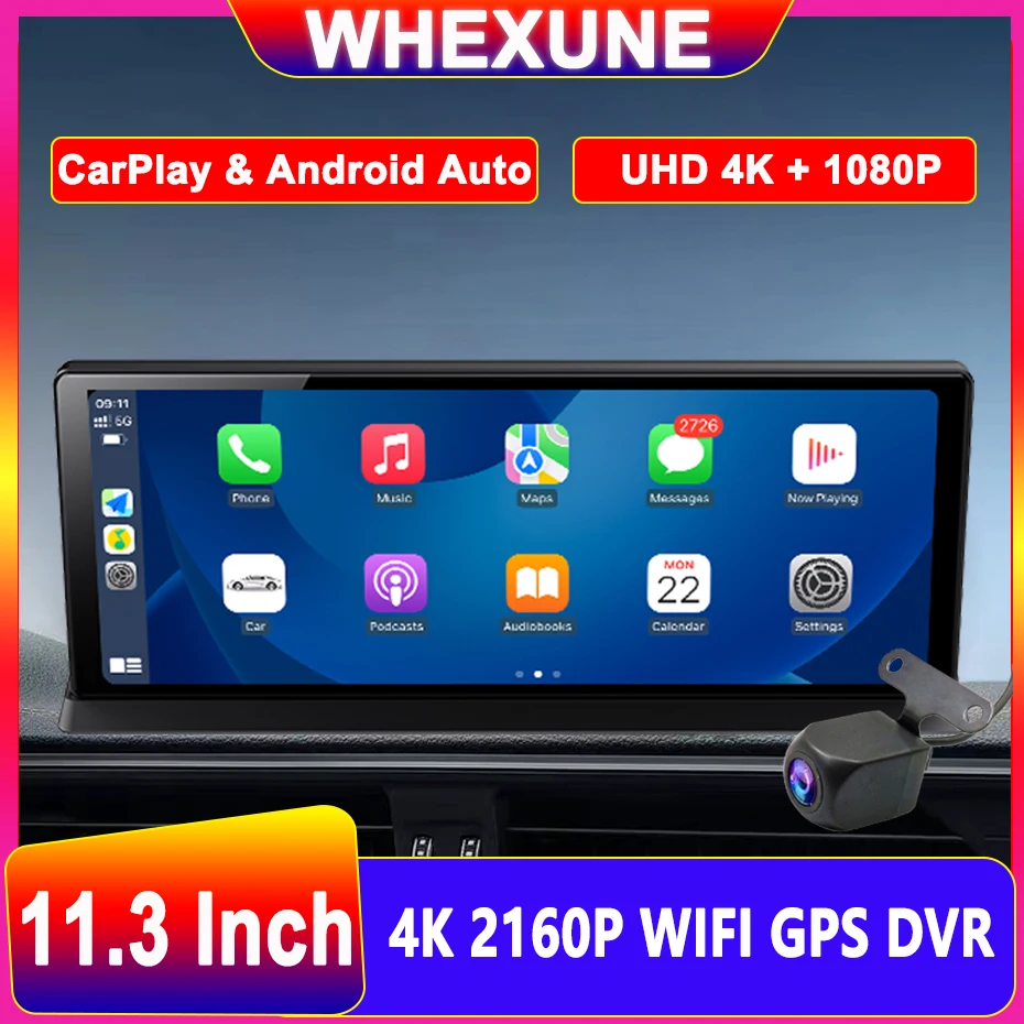 11.3 Inch 4K Dash Cam Wireless CarPlay Android Auto GPS Navigation 5G WiFi AUX Car DVR Rear View Camera Dashboard Video Recorder