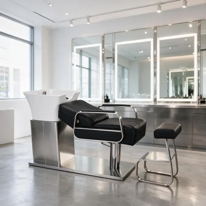 Luxury integrated head treatment bed with ceramic basin, professional salon shampoo table, with stainless steel frame and stool