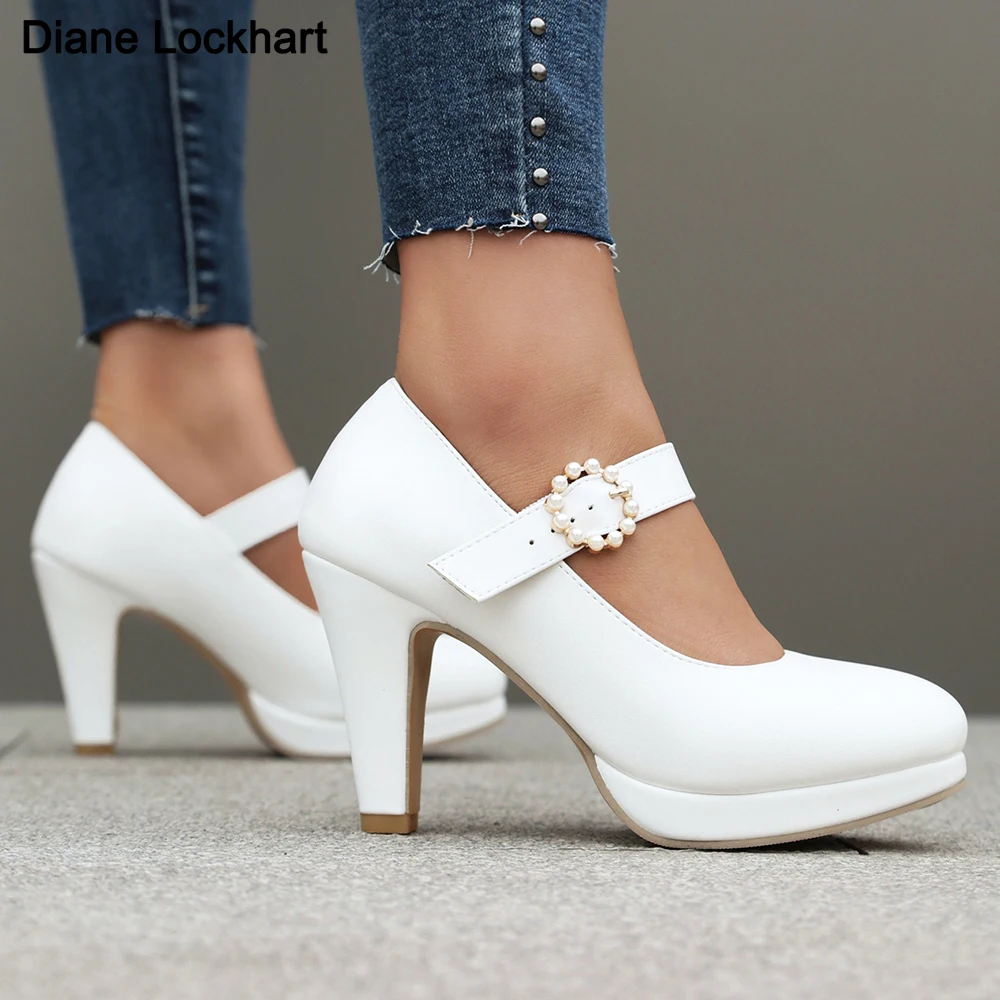 White Wedding Shoes Pumps Platform High Heels Women Buckle Strap Ladies Party Dance Shoe 2024 Elegant Block Heel Pumps Free Ship