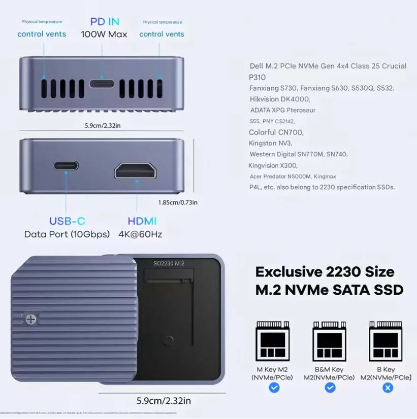 SSD Enclosure For M.2.2230 SSD Fan-cooled 3.2 Thunderbolt Type-c Hard Drive for Phones Stabilizer Multi-function C Mobile