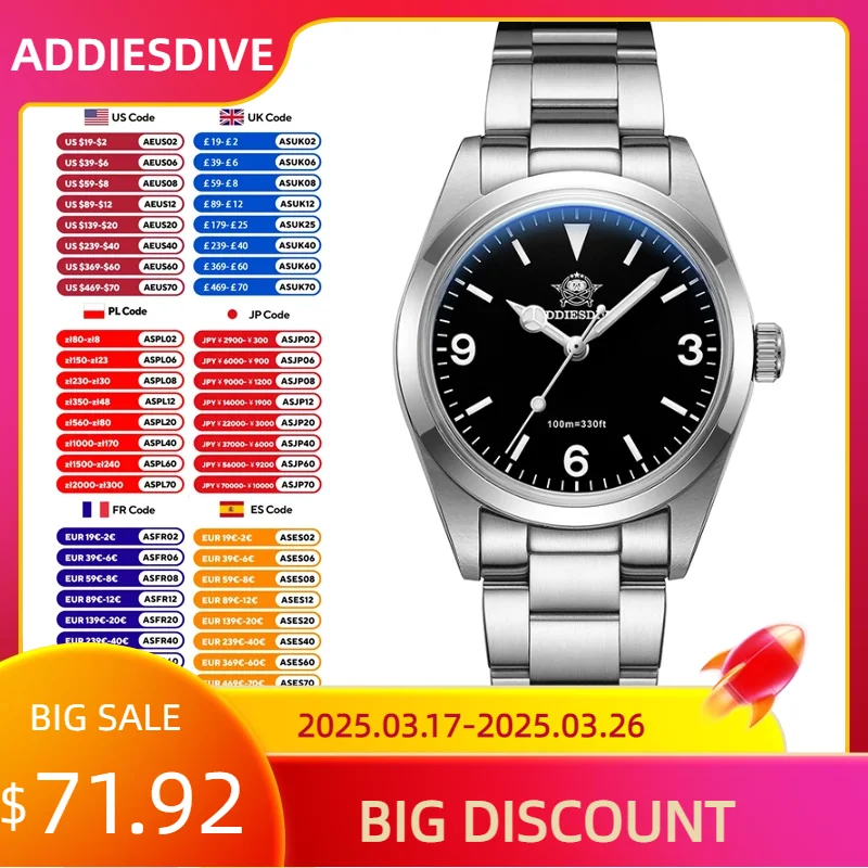 ADDIESDIVE-Reloj deportivo de lujo para Hombre, pulsera de acero inoxidable, cristal de zafiro luminoso, 100m, Reloj de buceo, relojes de cuarzo, AD2023