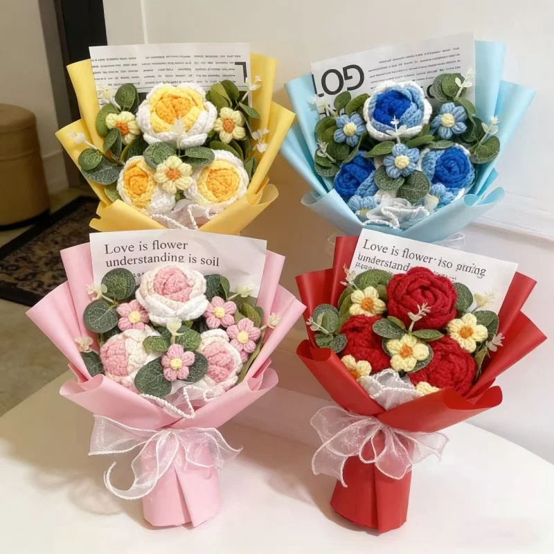 Künstliche Häkelrosen Fertige Gestrickte Blumensträuße Kreative Weihnachts-, Geburtstags-, Valentins- und Abschlussgeschenke – Detail 6