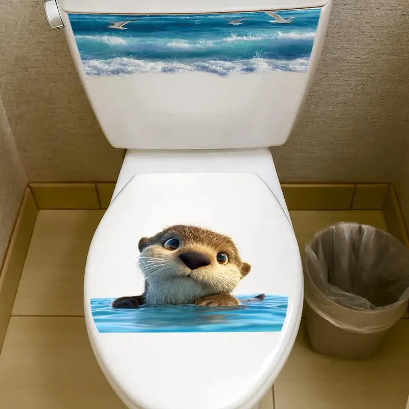 Waterproof Bathroom Decal Cute Sea Otter, Ocean Wave Toilet Lid Sticker Self Adhesive Removable, Toilet Tank Decoration for Home
