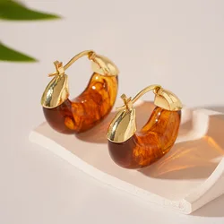 Retro Brown Resin Hoop Earrings for Women Fashion U Shaped Ear Buckle Earrings Simple Geometric Ear Jewelry for Party Gifts