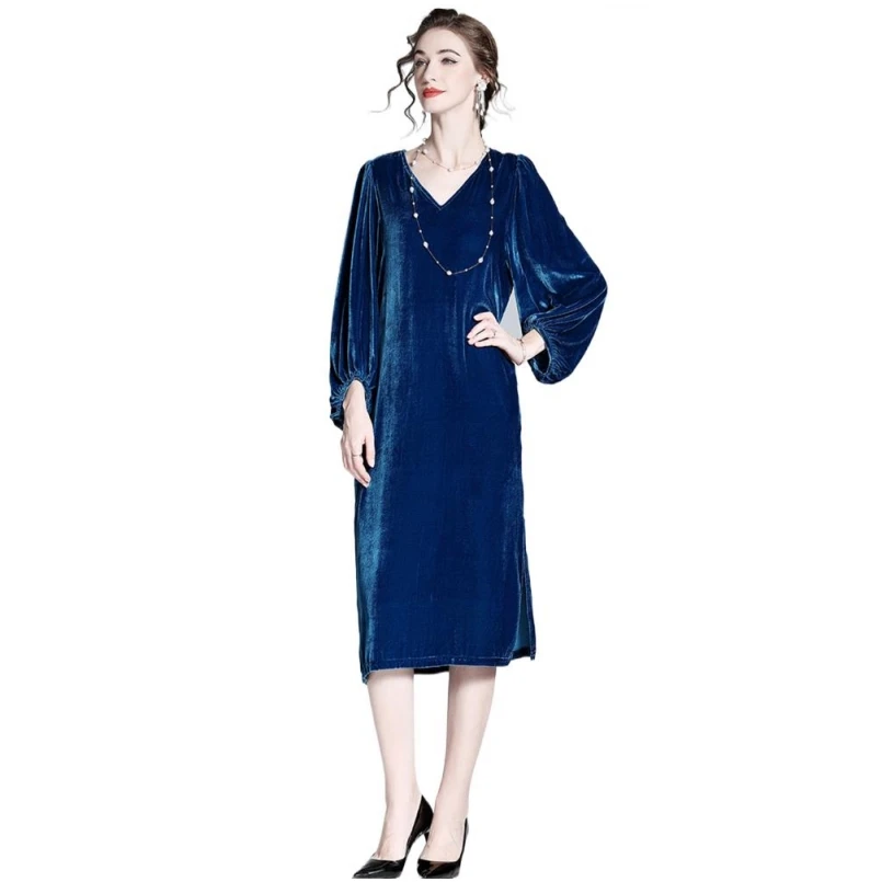 

New Velvet Midi Dress Women's Style Commuter V-Neck Split Bottom Dresses Loose Long Sleeve Dress vestido feminino robe longue