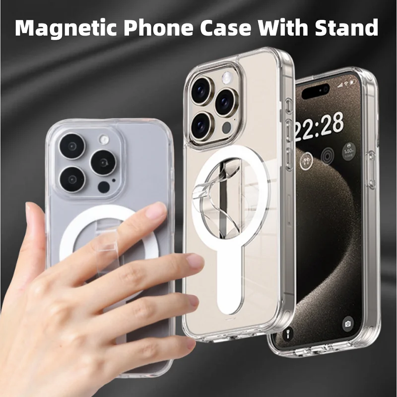 

Magnetic Transparent Wireless Charge Case For iPhone 14 Pro 15 Pro Max with Invisible Stand Magnetic Phone Cases Holder