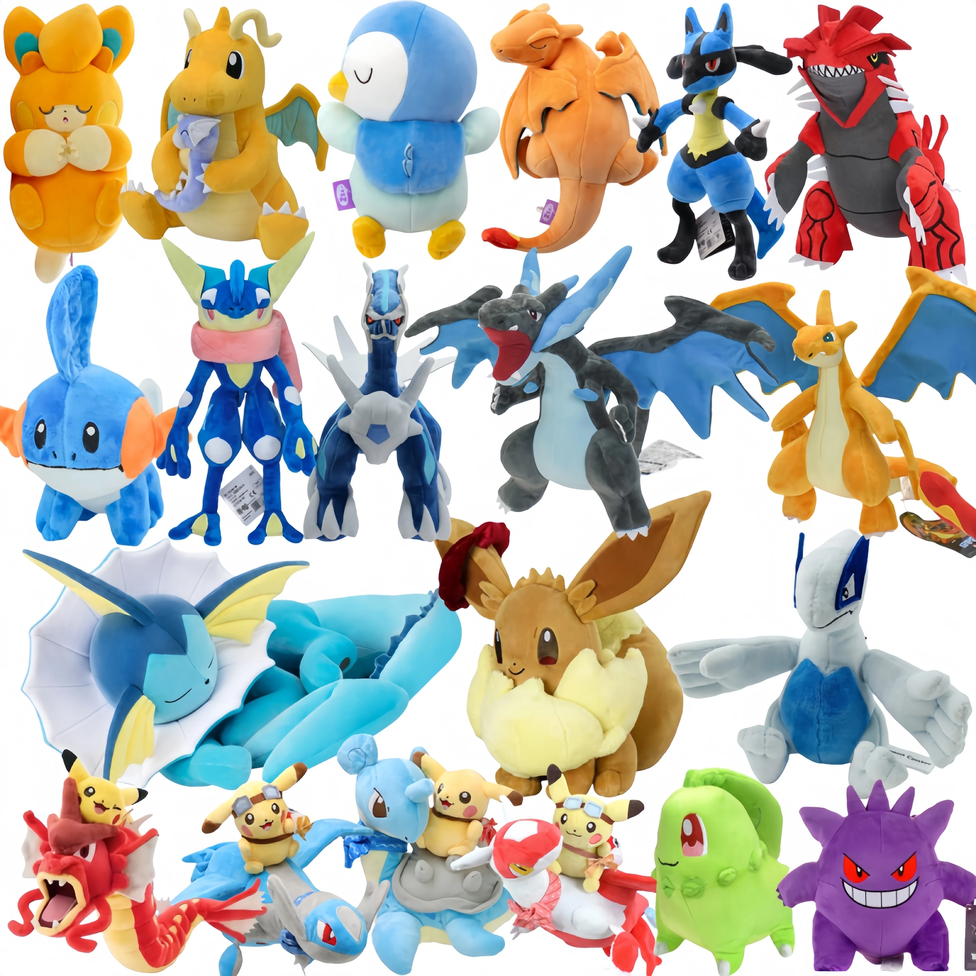 Peluche de Pokémon: Eevee Durmiendo, Vaporeon, Pikachu Montando a Gyarados, Peluche de Charizard, Juguete de Peluche de Lugia, Chikorita, Gengar, Lucario