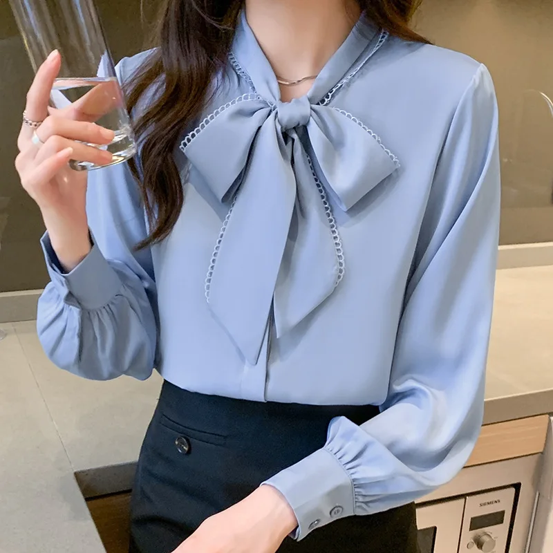 Spring Casual Satin Women Blouse Fashion Long Sleeve Shirt Office Lady Elegant Bow Neck Tops