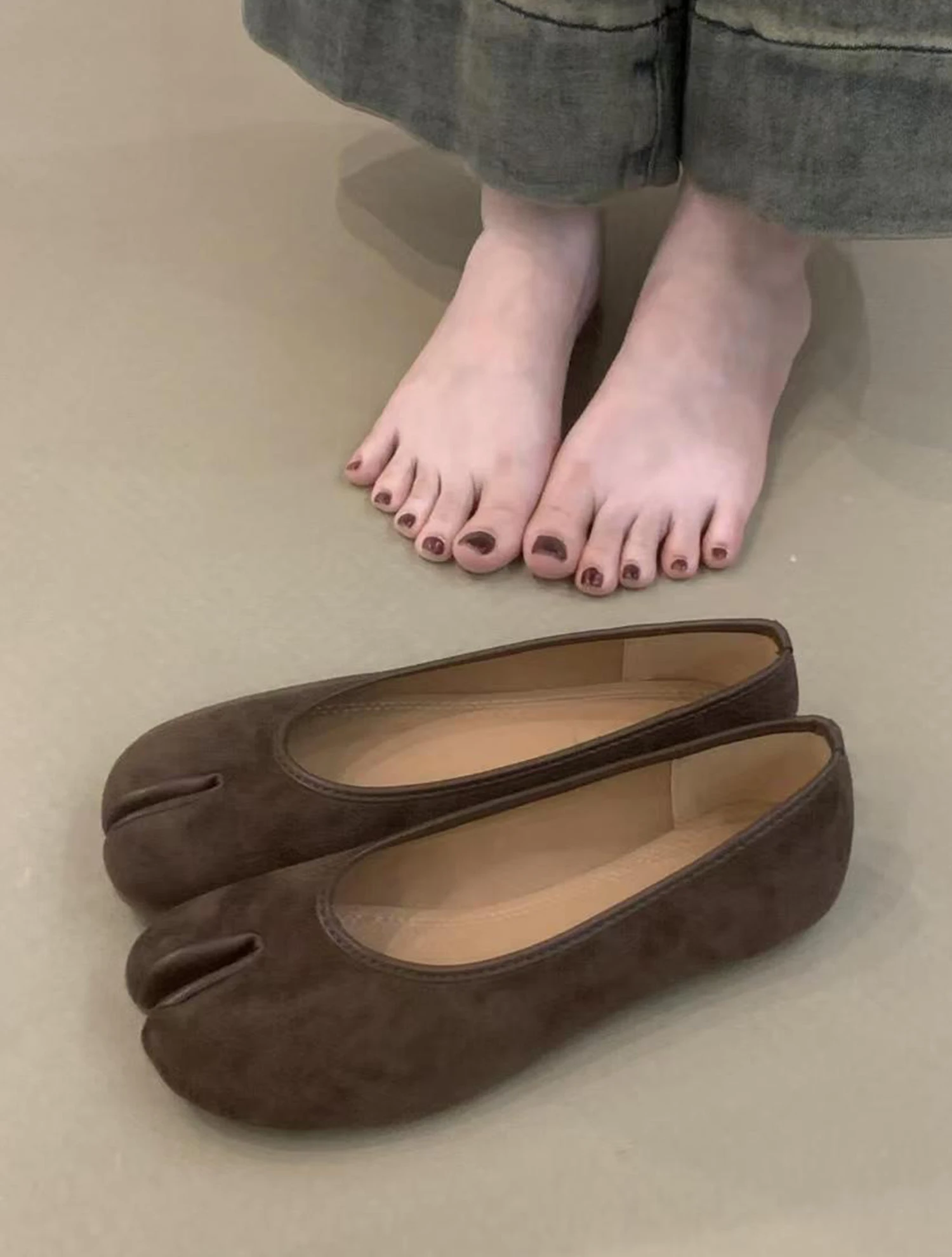 sheepskin-version-multi-color-genuine-leather-pig-toe-split-shoes-slip-on-flat-bottom-bean-ballet-shoes-fairy-wind-semi-up-ba