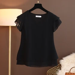 Camisa de gasa de manga corta con cuello en V para mujer, Tops informales holgados de talla grande, Blusas de Seda 2025