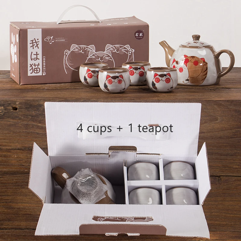 Ceramic Teapot Tea Cup Set Cartoon Lucky Cat Drinkware Kettle with Filter (4 Cup + 1 Teapot) Gift Box Packing